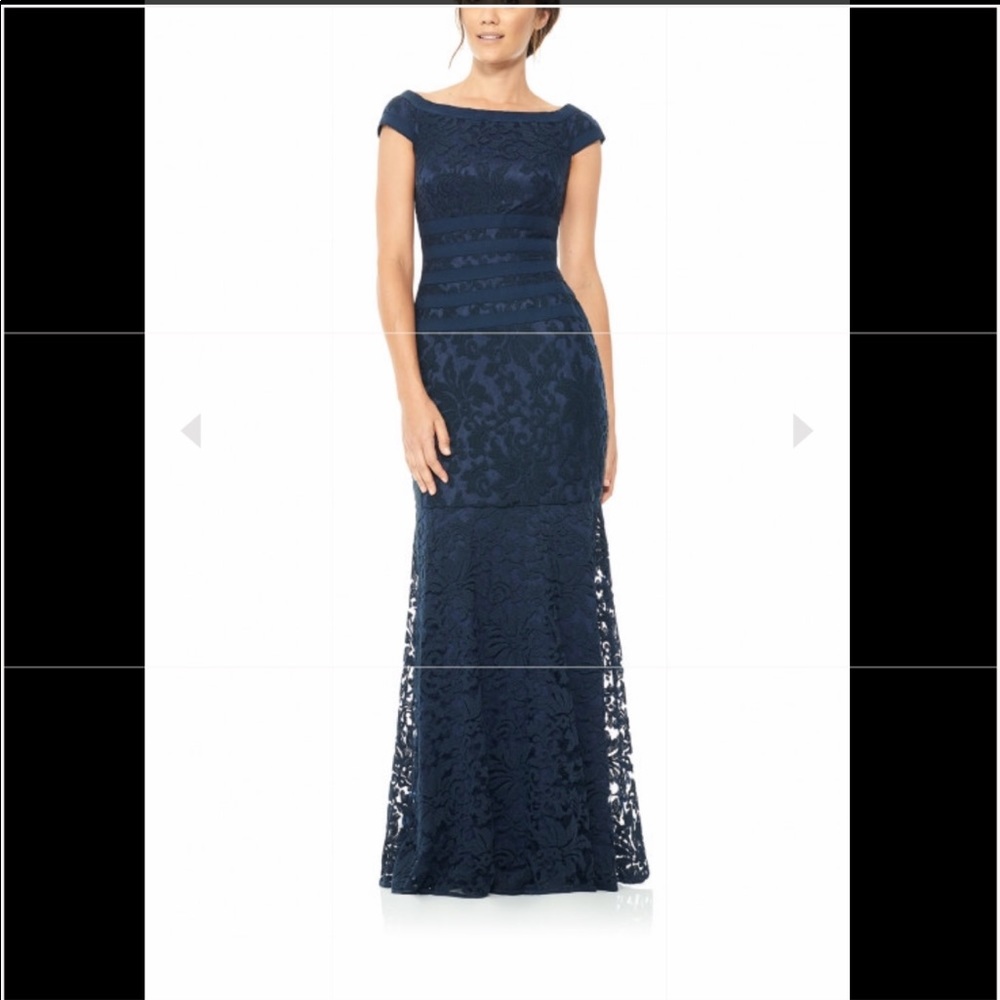 EMBROIDERED LACE BOATNECK CAP SLEEVE GOWN